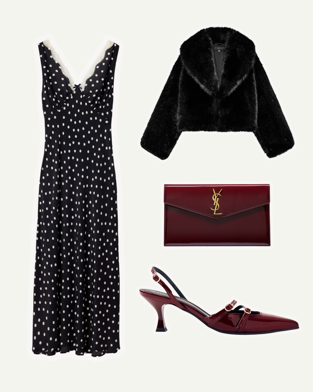 Winter wedding guest, what to wear to a wedding, high street wedding guest, spring wedding guest, polka dot dress, red slingback heels, black fur jacket 

 #LTKdatenight #LTKwedding #LTKpartywear