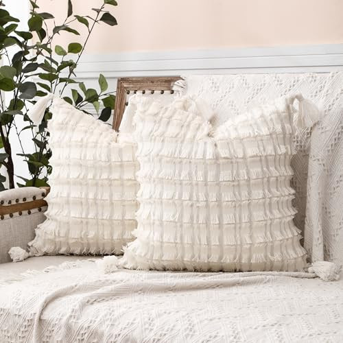 Tosleo Beige Boho Throw Pillow Covers 18×18 Inch Set of 2 with Tassels Cozy Farmhouse Fringe Cushion Cover Soft Accent Decorative Pillowcase for Couch Chair Sofa Bed Living Room Home Decor | Amazon (US)