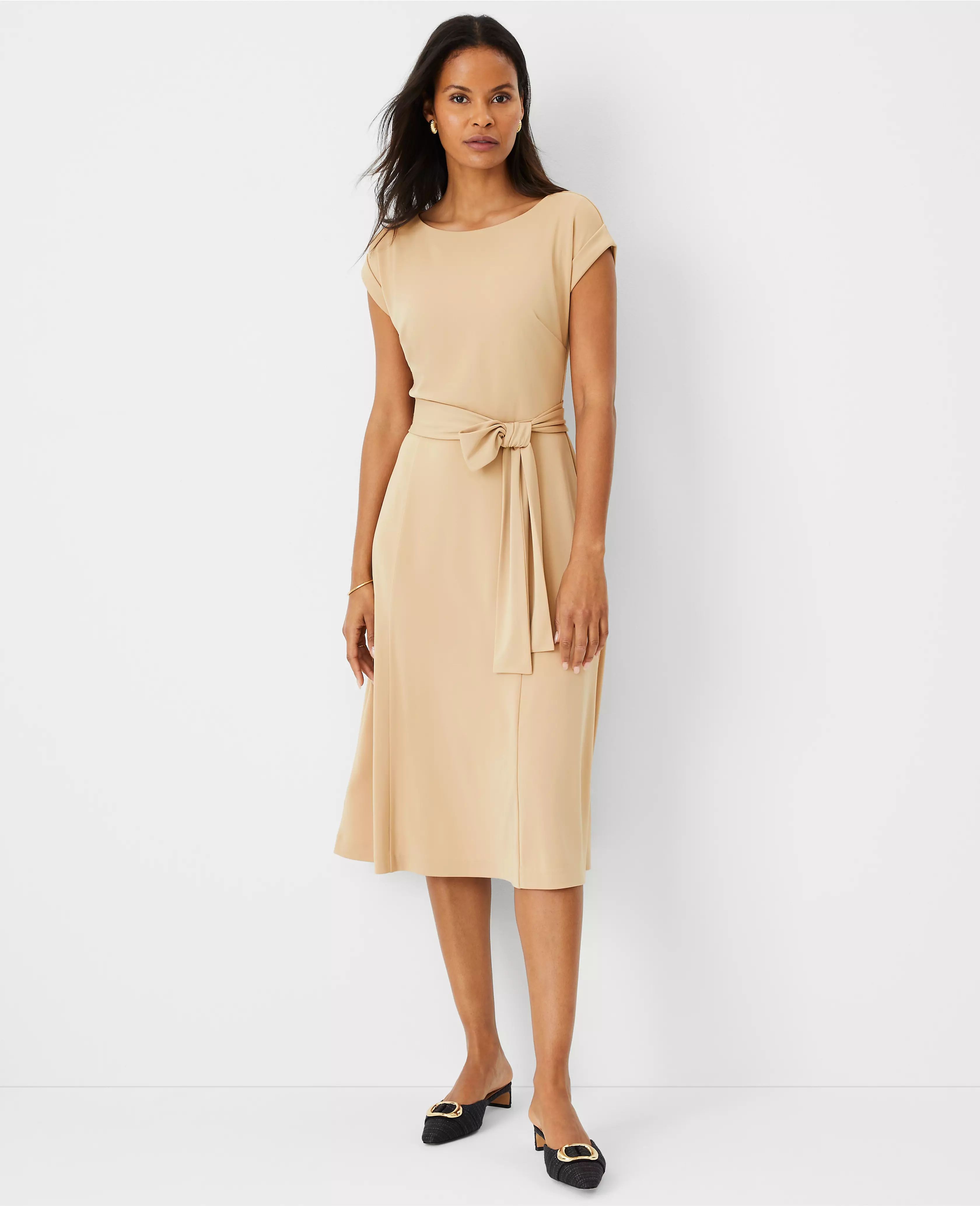 Petite Belted Cap Sleeve Flare Dress | Ann Taylor (US)