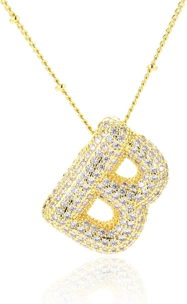 Bubble Letter Necklace Gold, Iced Out Balloons Initial Necklaces for Women Gold Statement Jewelry... | Amazon (US)