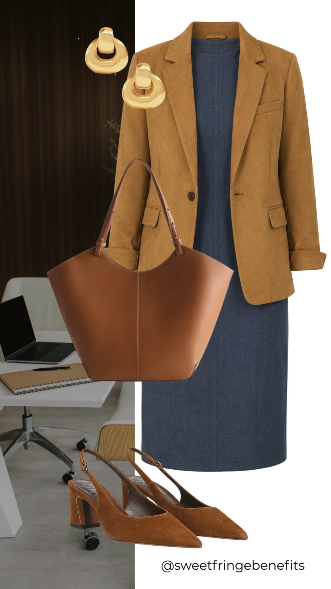 This camel blazer is such a versatile layer for elevating a simple denim dress. The tailored fit adds polish, while the rich camel color and suede slingbacks create a sophisticated look that works beautifully from the office to dinner.

💡 LTK MADE EASY
❤️ Heart = Support my posts!
🔖 Save = Get sale & restock alerts
📋 Lists = Keep favorites organized
📲 Share = Send lists and products to a friend. Hello, Christmas List!
💬 Comment = Ask me anything about what I'm wearing.:-)

#LTKootd #LTKWorkwear #LTKOver40