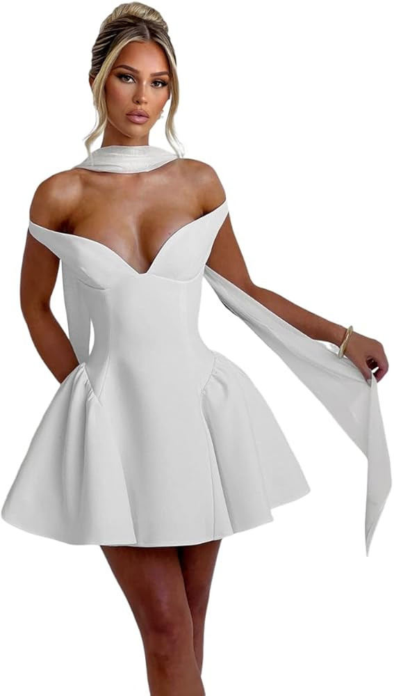 Teens Satin Homecoming Dresses with Scarf Short Off Shoulder HOCO Dress V Neck Cocktail Party Gow... | Amazon (US)