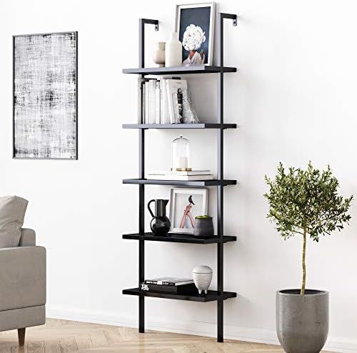 Nathan James Theo 5-Shelf Black Modern Bookcase, Open Wall Mount Ladder Bookshelf with Industrial... | Amazon (US)