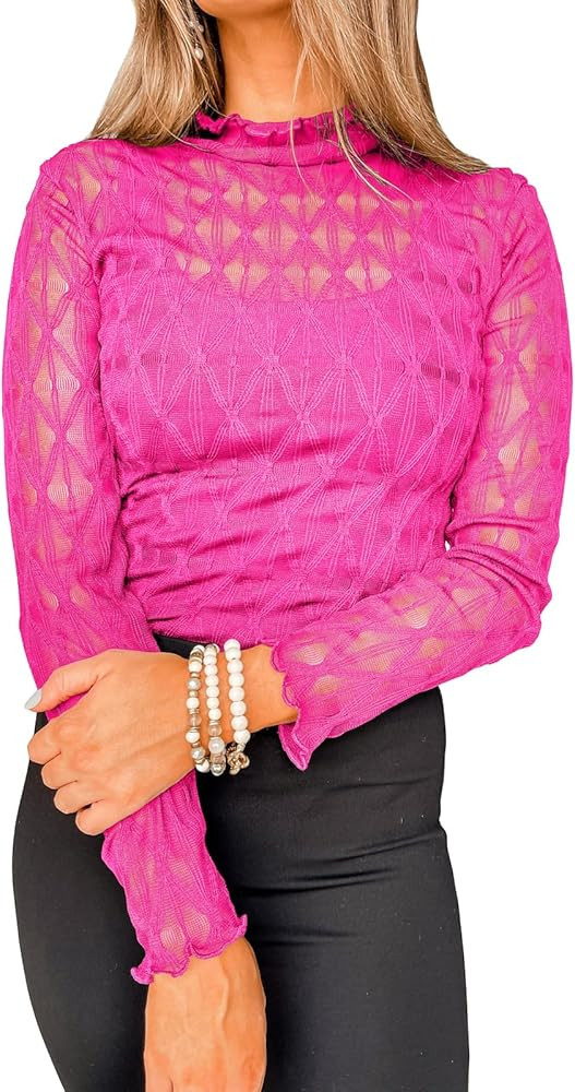 miduo Womens Mesh Sheer Lace Layering Top Mock Neck Long Sleeve See Through Shirt Blouses Tops | Amazon (US)