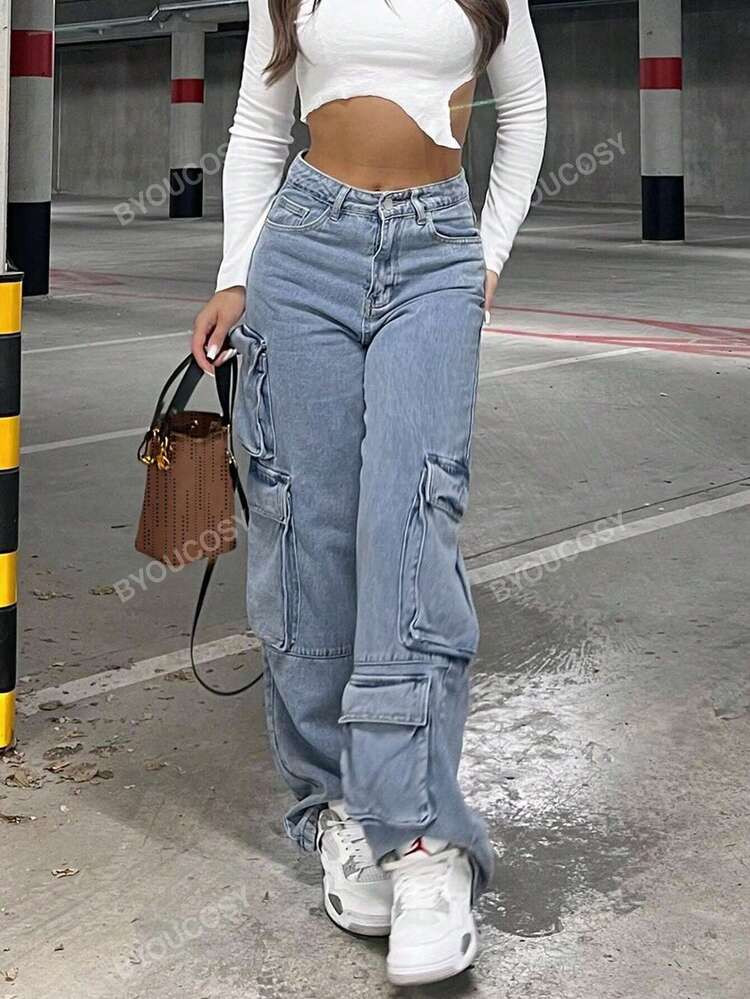 Women's Trendy Y2K  Multi-Pocket Straight Leg Baggy Cargo Jeans Streetwear Denim Pants | SHEIN