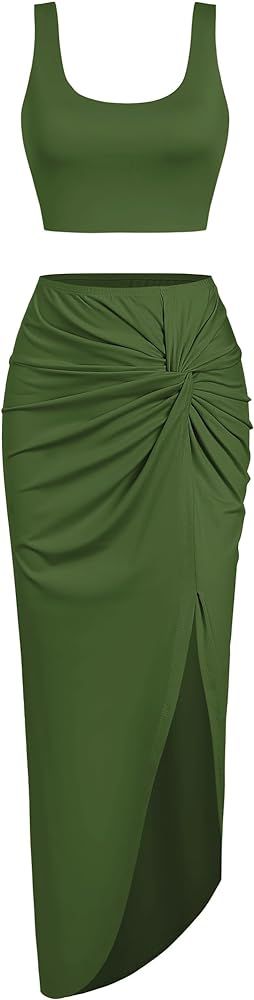 Amazon.com: ZAFUL Women’s 2 Pieces Skirt with Crop Tank, High-Slit Twist Skirt Set Bodycon Dres... | Amazon (US)