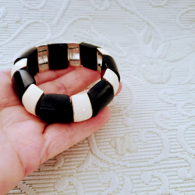 Vintage Black and White Enameled and Plactic Wide Links Stretch Bracelet/chunky Geometric Modern ... | Etsy (US)