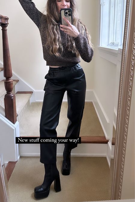 The most luxurious faux leather pants ever! TTS , slight crop! Beautiful chocolate tweed sweater and these platforms make me about 4 inches taller and super comfortable and affordable! Winter uniform 

#LTKworkwear #LTKSeasonal #LTKsalealert