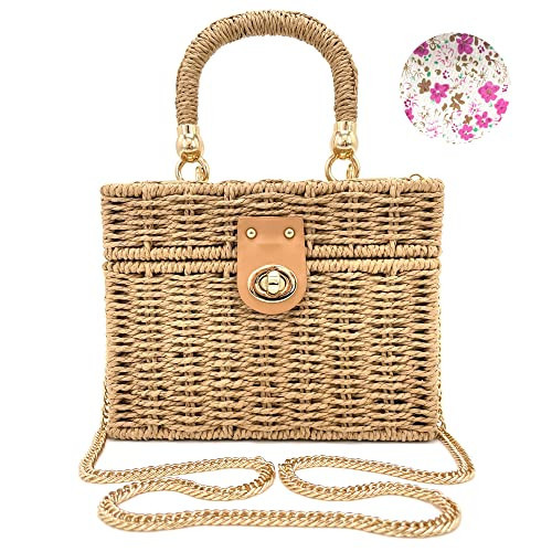 Handwoven Rattan Bag for women-Wicker Woven Square Crossbody vintage Chic Casual Beach Boho Tote Bag Straw Bag BeigeH（no pendant） | Amazon (US)