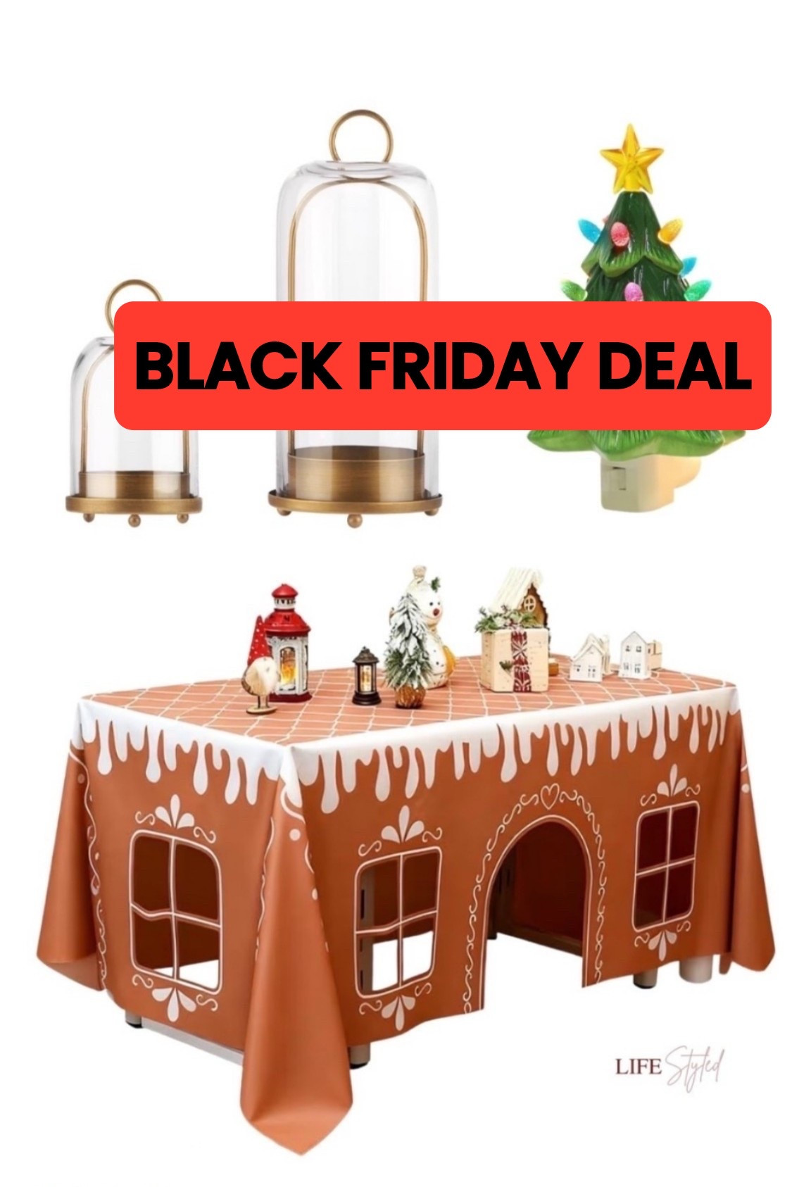 BLACK FRIDAY DEAL! Holiday magic starts at the table ✨🍪 This gingerbread house tablecloth isn’t just cute — the cutouts make a mini fort for the kids, paired with glass dome candleholders and a ceramic Christmas tree nightlight for all the warm vibes. Perfect for making memories this season. 🎄

#LTKHoliday #LTKSaleAlert #LTKCyberWeek
