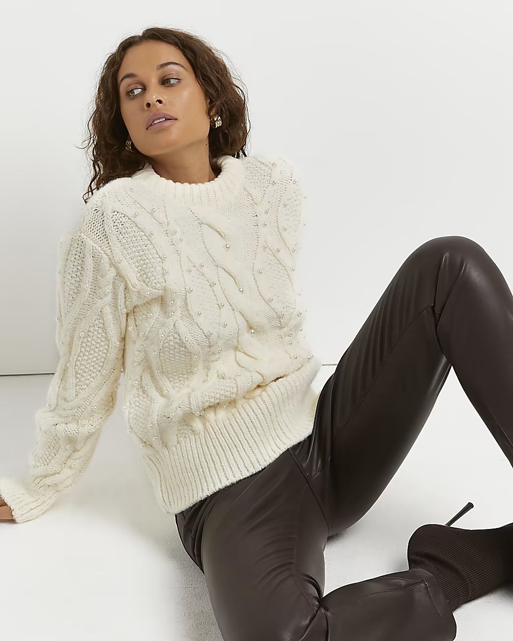 Cream pearl embellished cable knit jumper | River Island (UK & IE)