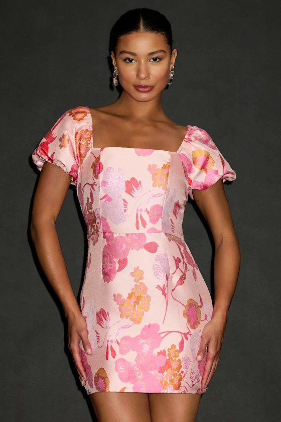 So Stunning Light Pink Floral Jacquard Puff Sleeve Mini Dres | Lulus