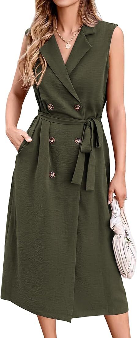 BTFBM Business Casual Dress 2024 Summer Work Office Lapel V Neck Slit Belted Sleeveless Button Do... | Amazon (US)
