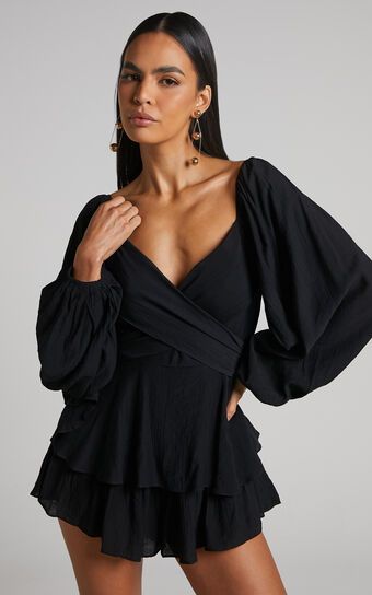 Florice Playsuit - Wrap Front Frill Playsuit in Black | Showpo (US, UK & Europe)