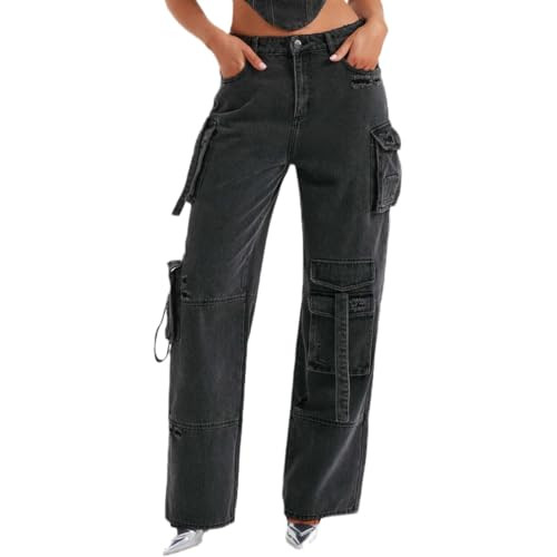 Women’s Baggy Cargo Jeans High Waist Wide Leg Denim Pants with Pockets Black M | Amazon (US)