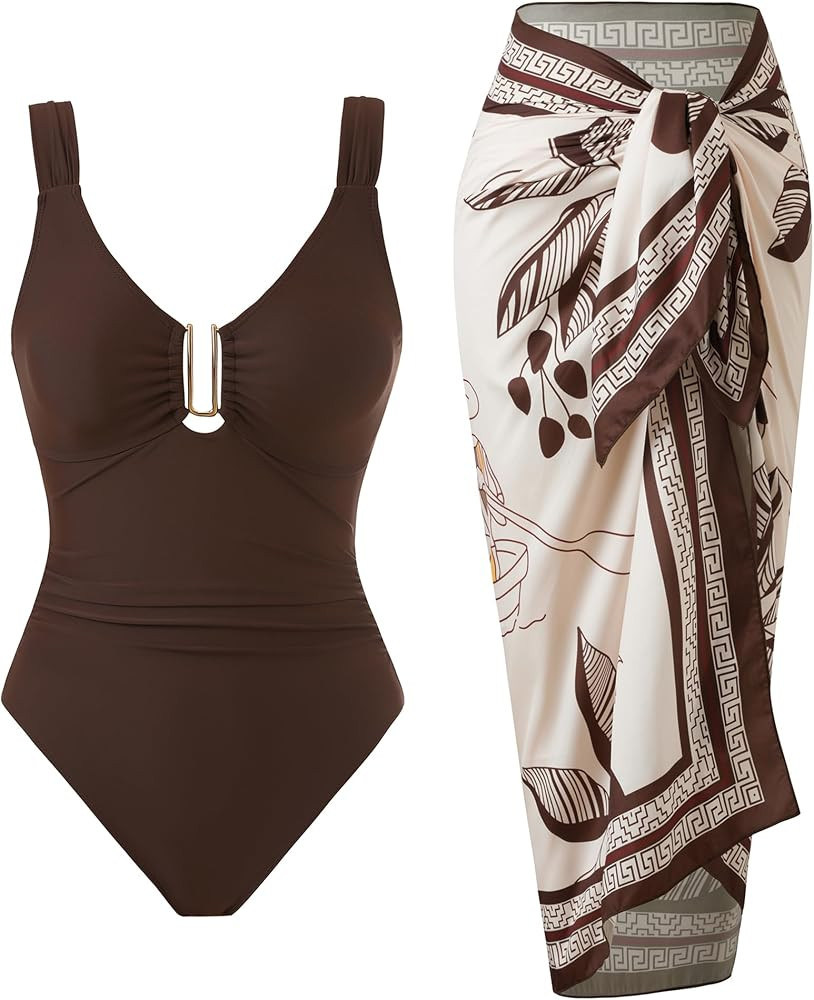 Women\u2019s One Piece Swimsuit Retro Swimwear Set Tummy Control Bathing Suit Cover Up for Women ... | Amazon (US)