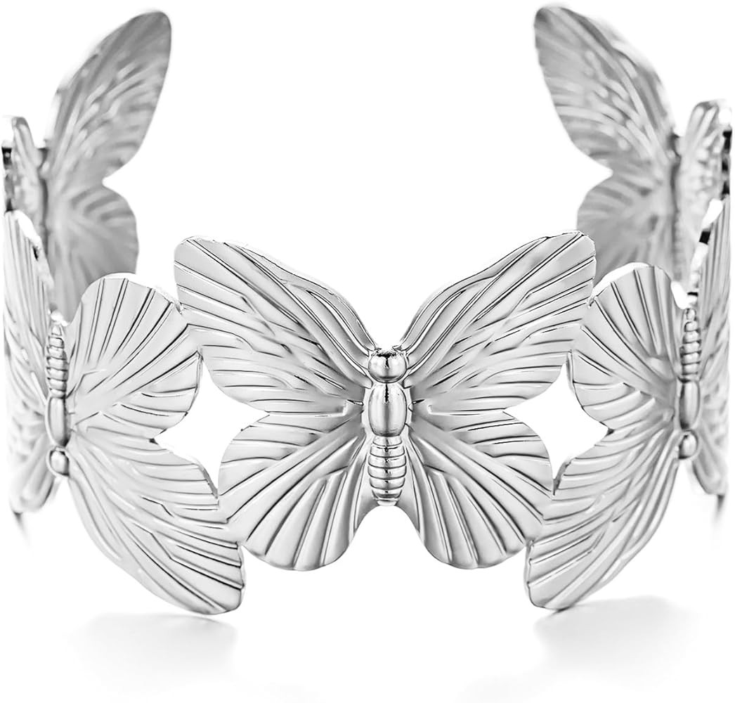 Vintage Flower Butterfly Bracelet Chunky Gold Cuff Bracelets for Women Wide Open Cuff Bangles Sta... | Amazon (US)