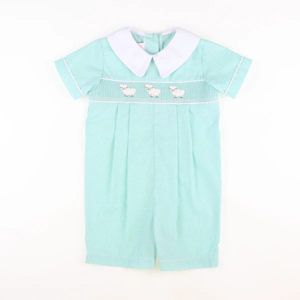 Smocked Little Lamb Collared Boy Romper - Mint Mini Gingham | Southern Smocked Co.