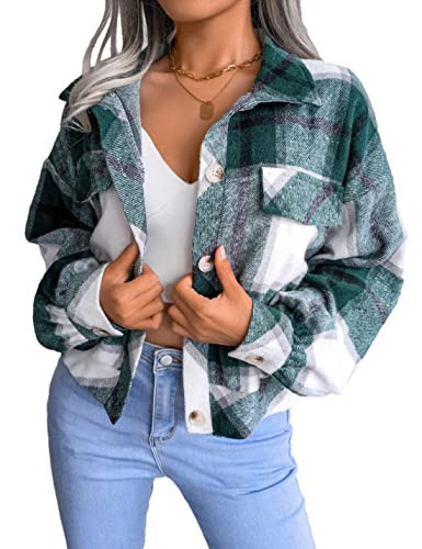 Zontroldy Womens Green Cropped Flannel Plaid Shacket Jacket Casual Wool Long Sleeve Button Down Crop Shirt Jackets Coat Tops(0156-GreenPlaid-S) | Amazon (US)