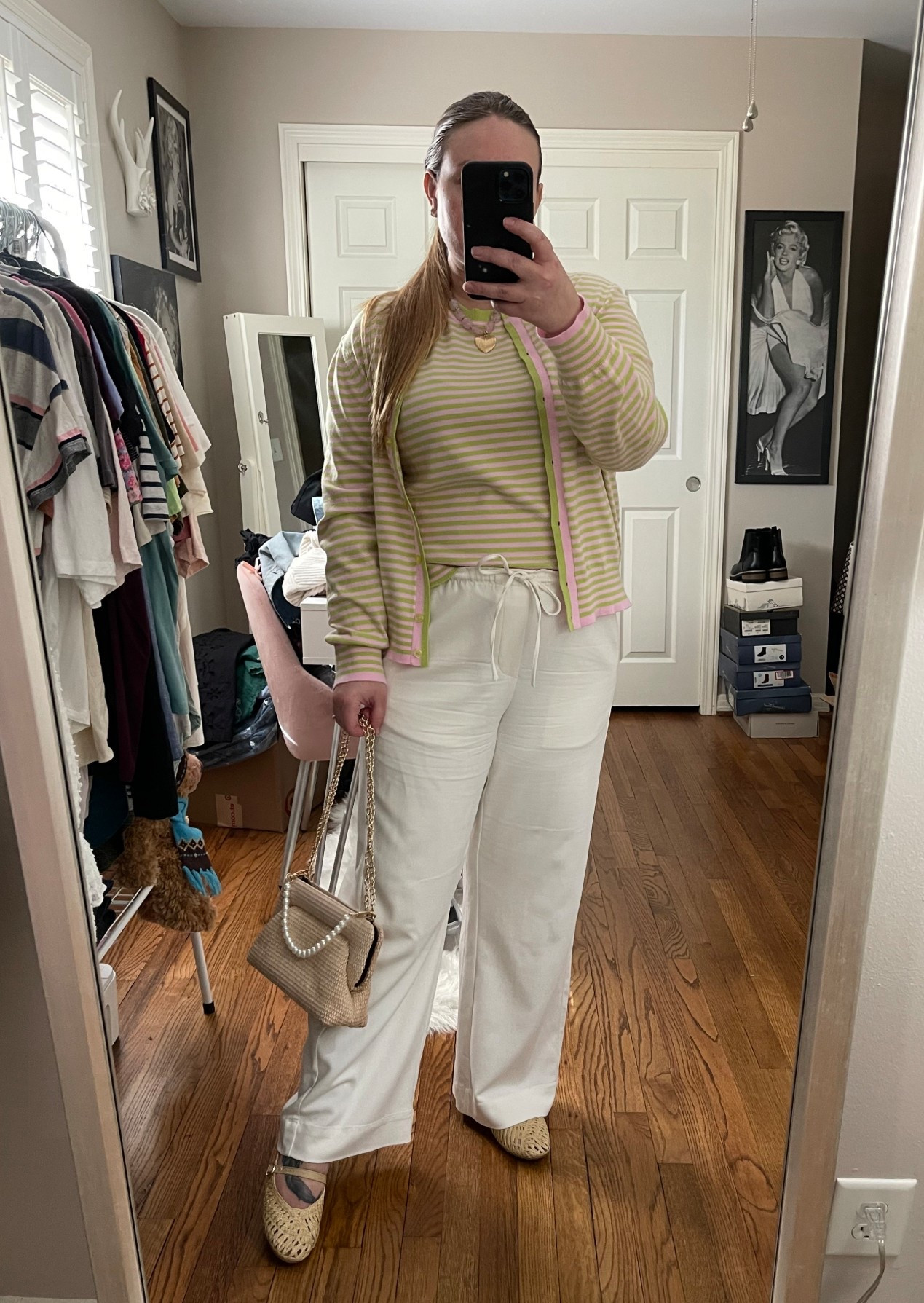 Midsize styling, midsize outfit, workwear, work outfit, striped cardigan, cardigan sweater, spring style, spring outfit, raffia flats, raffia Mary Janes, Mary Jane flats, woven flats, spring flats, spring shoes, cardigan set, striped tank, cream pants, ivory pants, work style

#LTKootd #LTKBump #LTKWorkwear