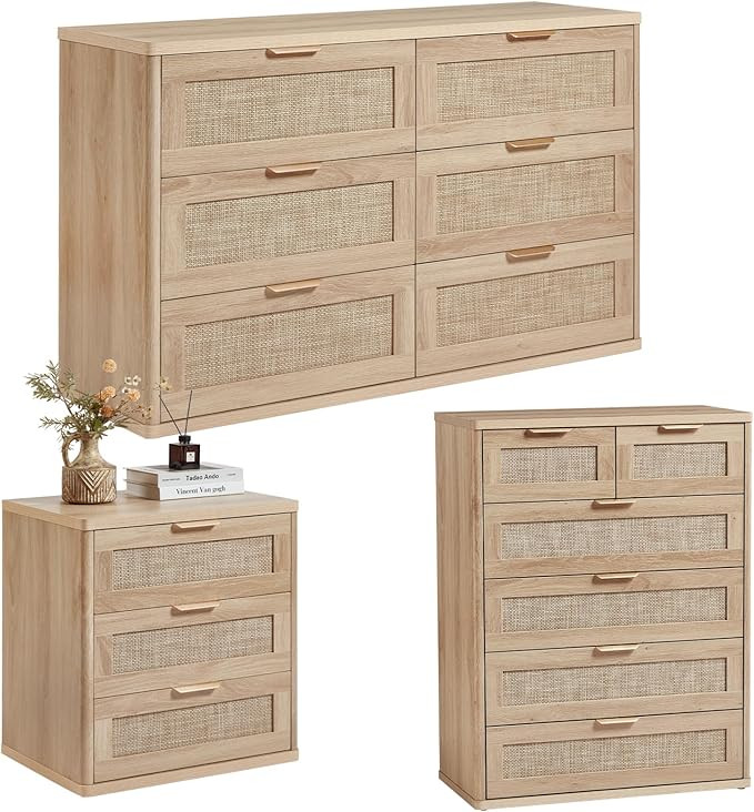 LEYAOYAO Rattan Dressers & Night Stand Set of 3,Boho Wood 48" Wide Dresser & 41" Tall Chest of Dr... | Amazon (US)