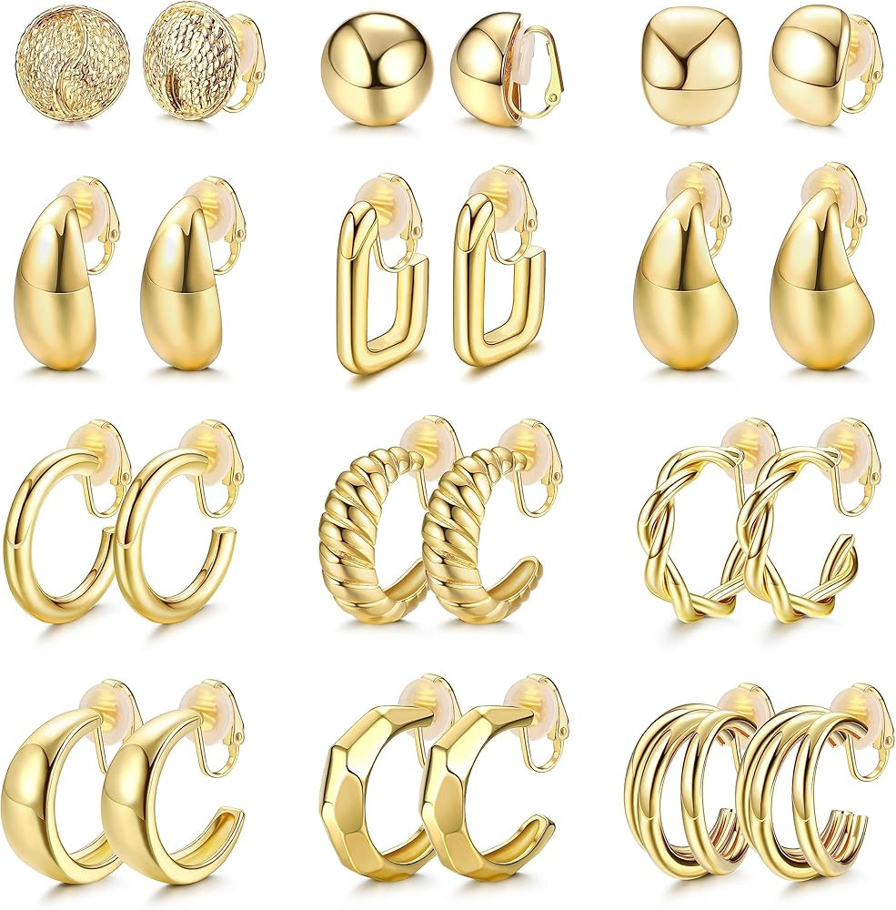 Florideco 12Pair Clip on Hoop Earrings Womens Gold Clip on Earrings Twist Round Chunky Hoop Earri... | Amazon (US)
