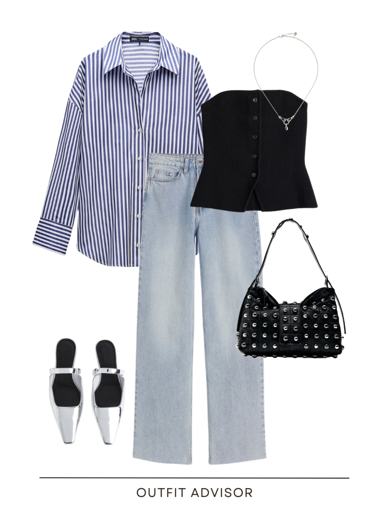 Outfit inspo for spring: a blue snd white striped button down shirt, black knit waistcoat, jeans (zara), a balck studded bag, missoma necklace and silver flats

#LTKstyletip #LTKitbag #LTKshoecrush