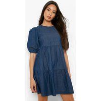 Womens Denim Tiered Smock Dress - Blue - 14, Blue | Boohoo.com (UK & IE)