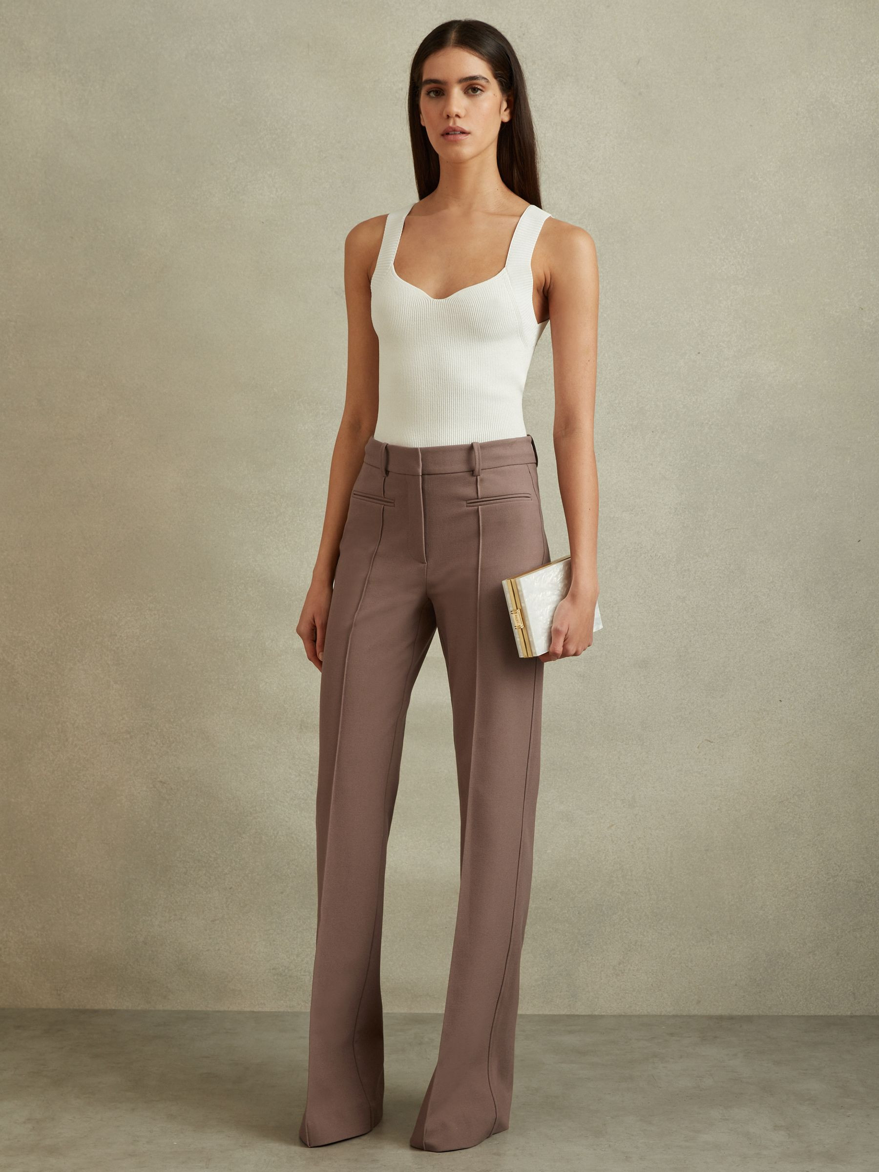 Reiss Petite High Rise Flared Trousers in Mink Neutral - REISS | Reiss UK