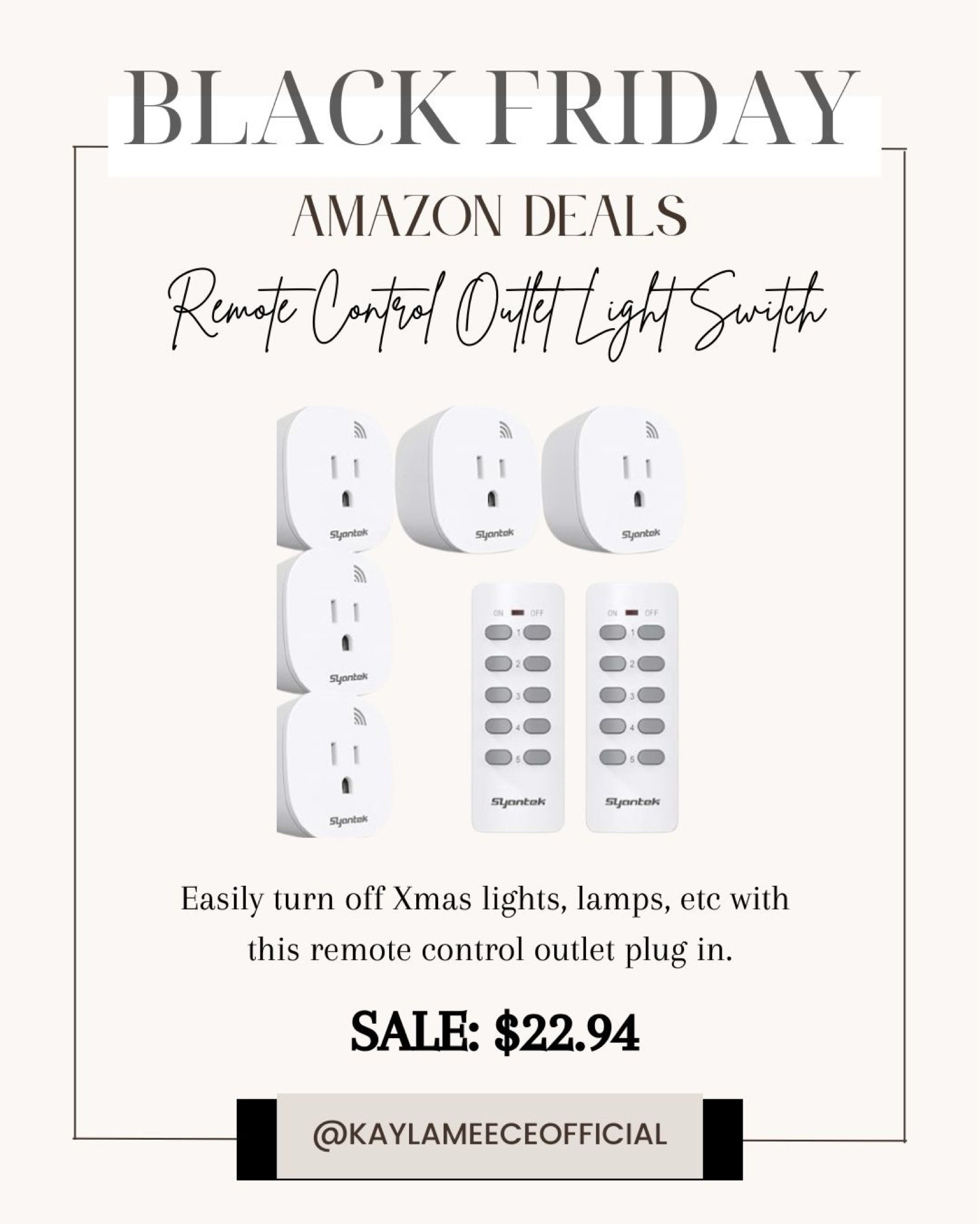 Remote Control Outlet Light Switch 

#amazondeals #anazonblackfriday #christmasgadgets #householdgadgets #anazonmusthaves #homegadgets #usefulgadgetsforhome #outletremotecontrol #christmasmusthaves #christmaslights #xmaslights #lampoutlet #lampremite #outletcontrol #remotecontrolforoutlet #coolgadgets #giftguide 

#LTKGiftGuide #LTKSaleAlert #LTKCyberWeek