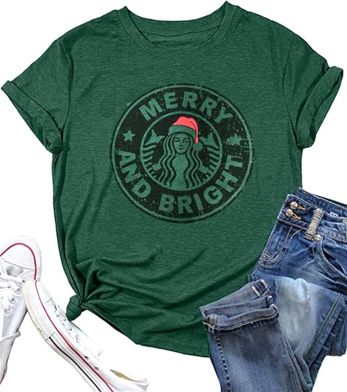 Merry and Bright Christmas Shirts Women Funny Christmas Coffee Tshirt Novelty Graphic Short Sleev... | Amazon (US)