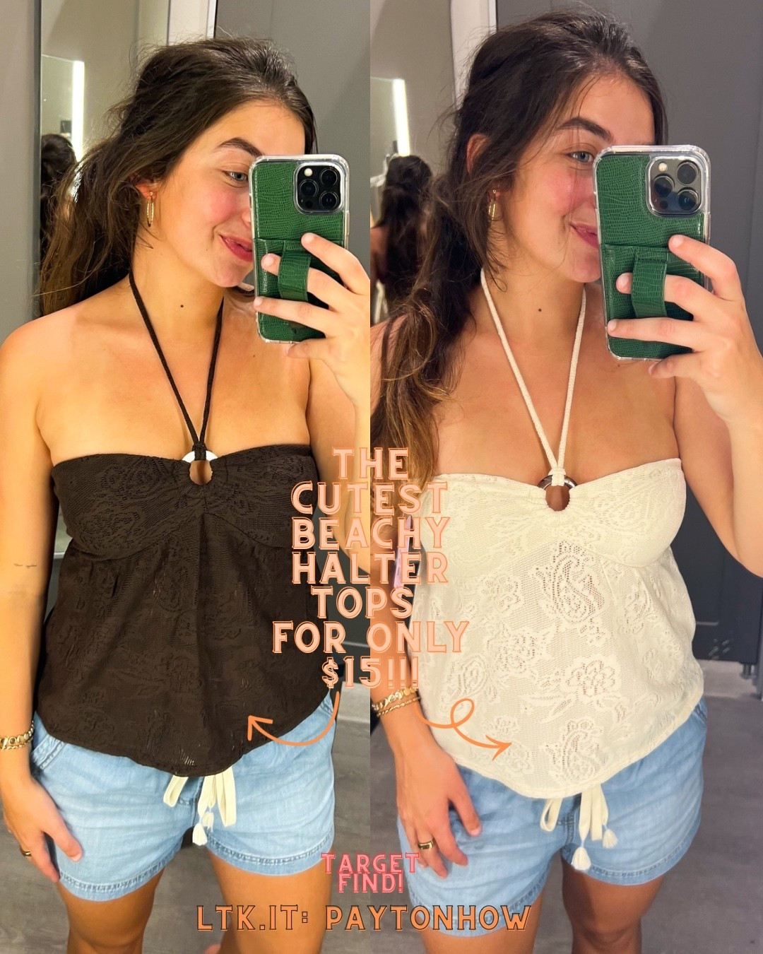 Saw the CUTEST beachy halter top at @Target! Best part…onlyyy $15 🤌🏼

I can’t wait to wear all summer! Would be so cute for just a casual vacay outfit, dinner fit, or even summer country concert 🤠

*Lace detail whole top but more sheer for stomach section!*
Comes in brown & cream. I’m wearing a size Small in both colors! 

#target #targetfind #targettryon #beachy #bohotop #haltertop #vacationfit #beachoutfit #summertop #summerfit

#LTKootd #LTKTravel