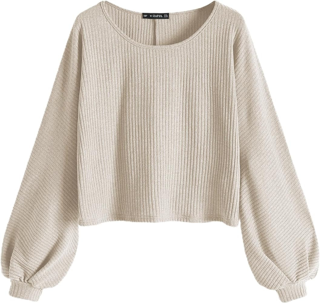 ZAFUL Women Ribbed Knit Long Sleeve Tops Shirts Lantern Sleeve Oversized Pullover Crop Sweater | Amazon (US)