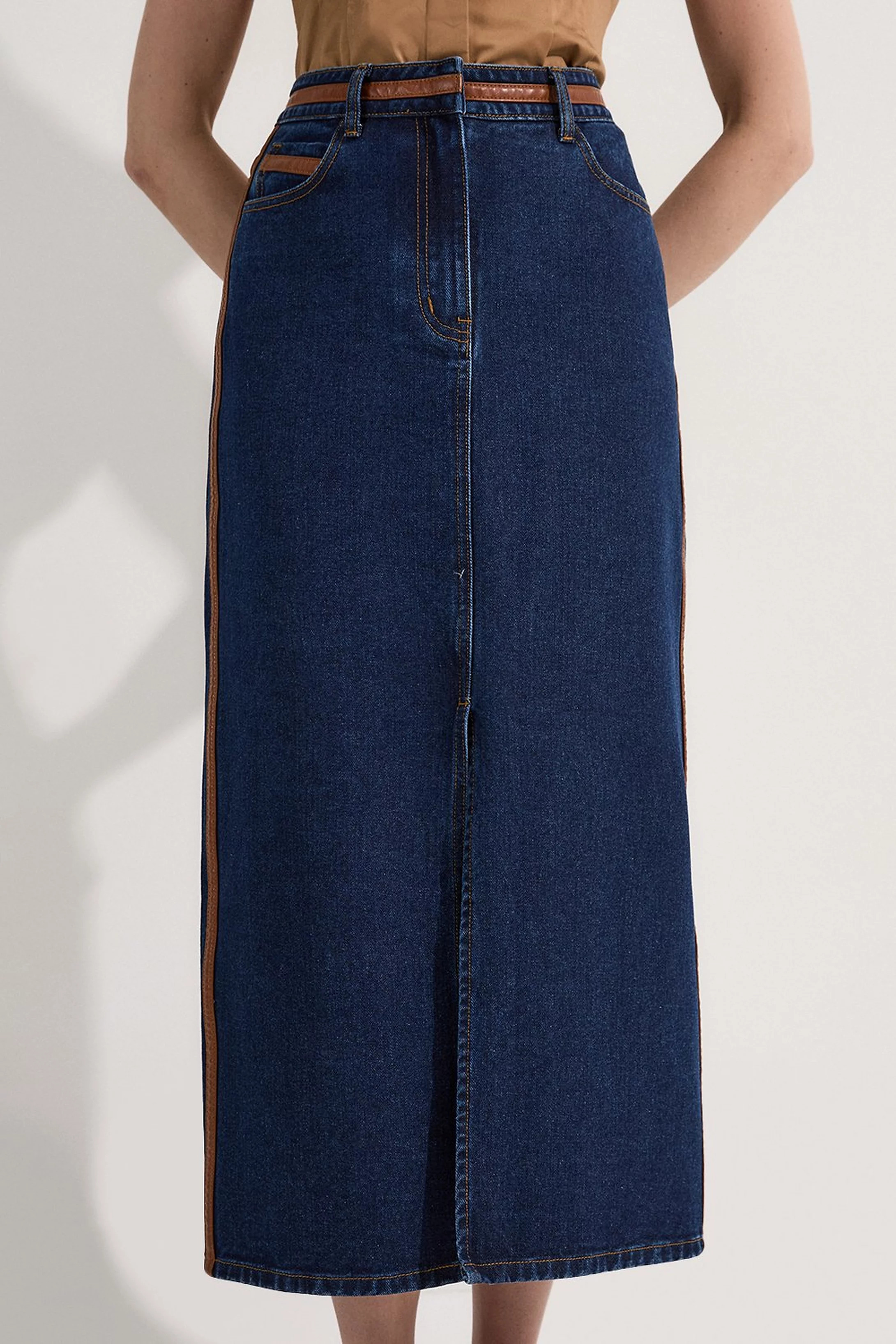 Denim & Faux Leather Tipped Side Pencil Midi Skirt | Karen Millen | Karen Millen US
