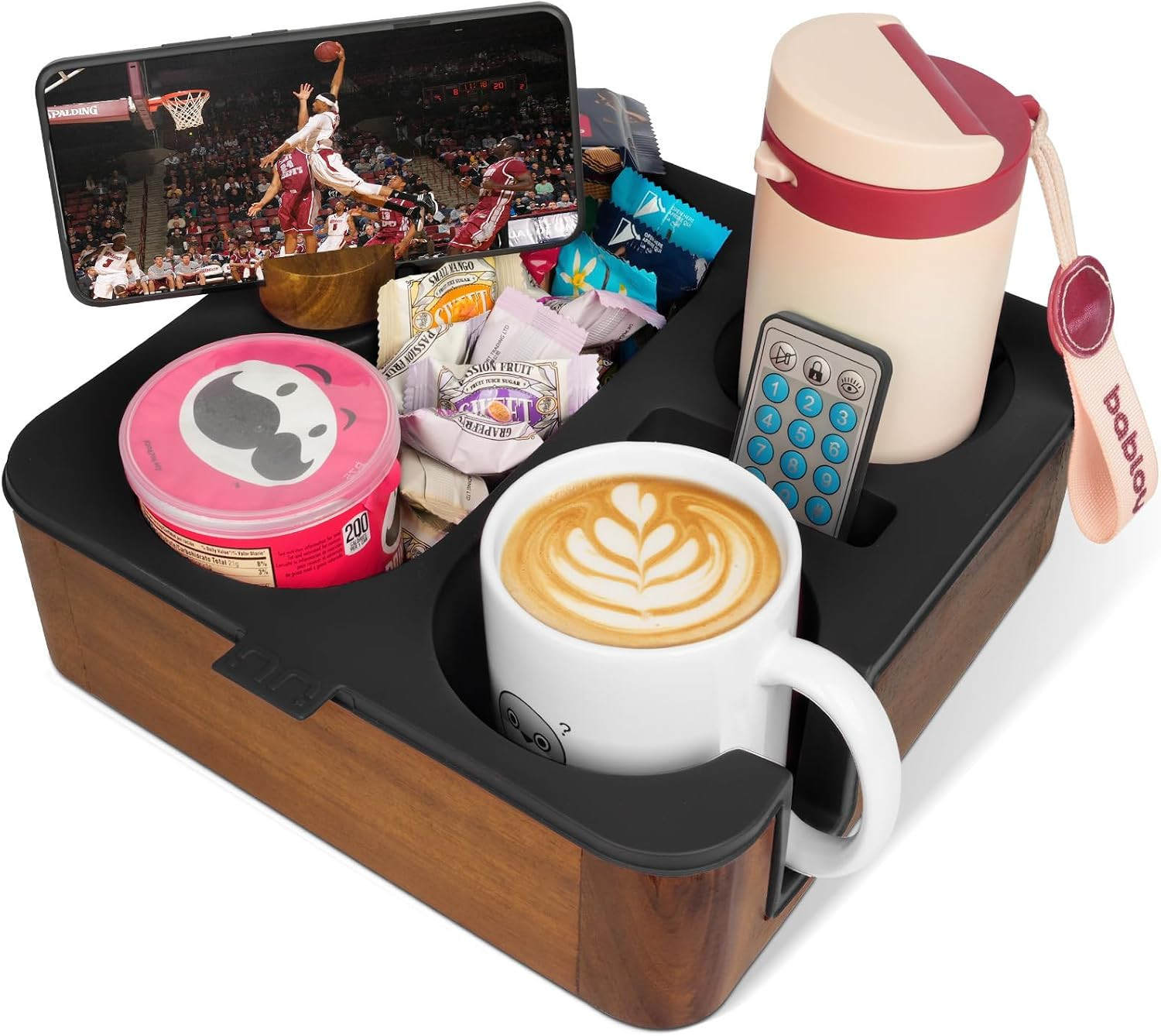 Couch Cup Holder Tray, Real Acacia Wooden Caddy with Soft Silicone, Snack and Drink Organizer- Perfect Movie Night Accessories for Bed, Remote and Cup Holders for Sofa (Black) | Amazon (US)