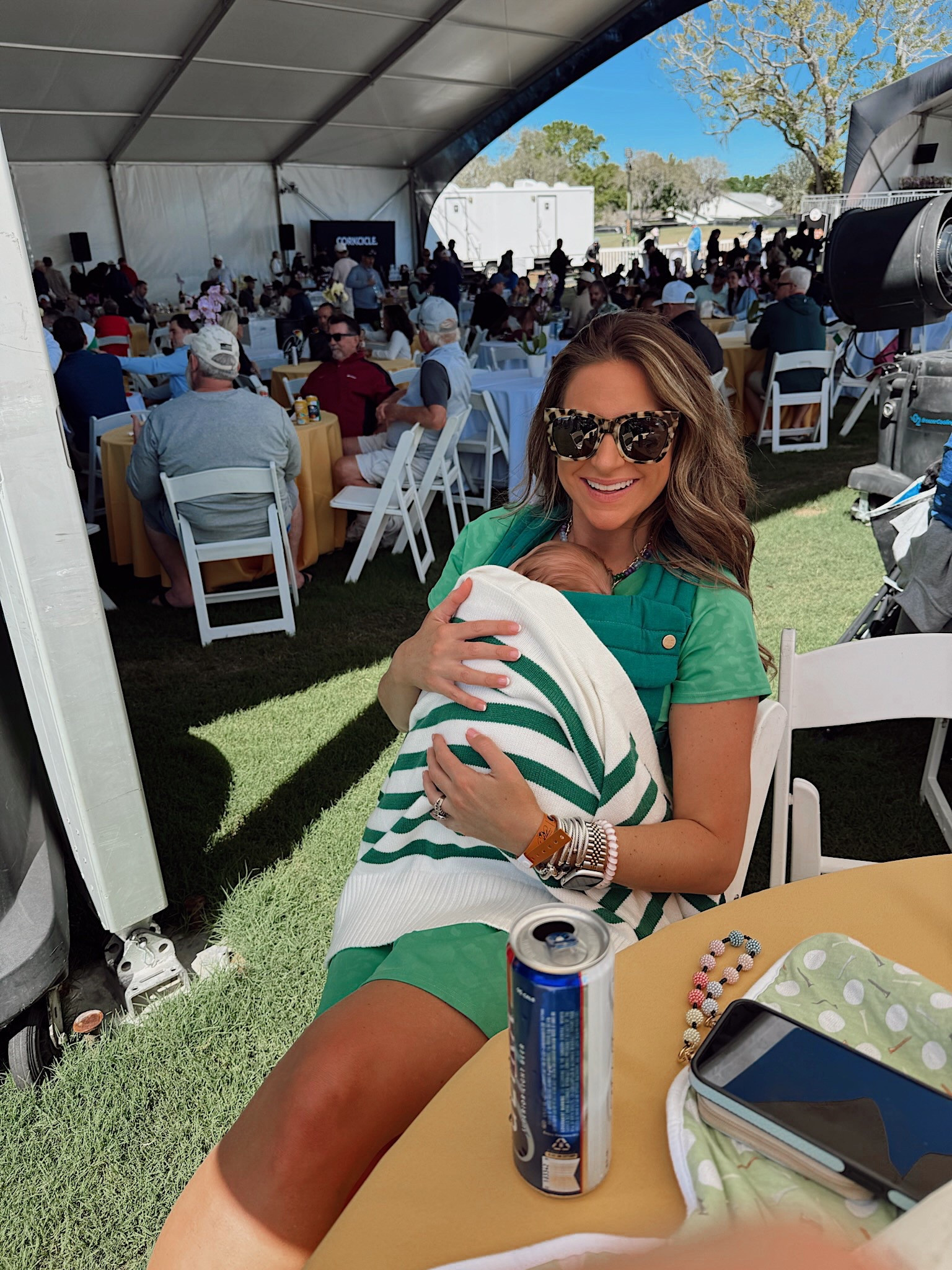 Golf tournament in a medium top and skirt from Emily McCarthy, small cardigan, sneakers, sunglasses, earrings, necklaces and baby carrier from Amazon.

#LTKBaby #LTKStyleTip #LTKSeasonal