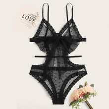 Polka Dot Knot Front Mesh Teddy Bodysuit | SHEIN