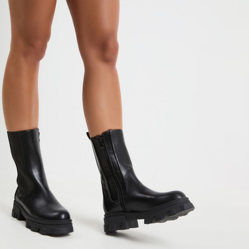 Steele Chunky Sole Ankle Biker Boot In Black Faux Leather | Ego Shoes (UK)