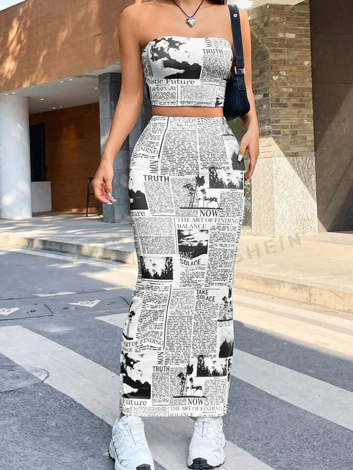 SHEIN EZwear Newspaper Printed Knitted Ladies' Clothing Set | SHEIN