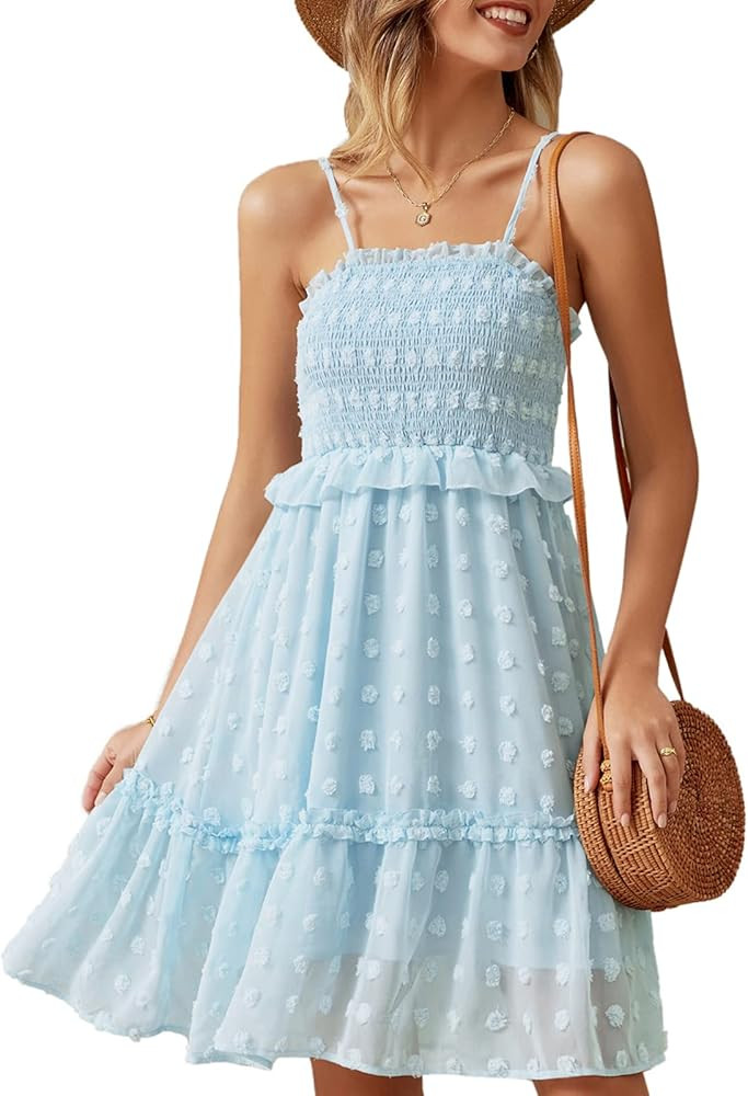 GRACE KARIN Women Swiss Dot Spaghetti Strap Smocked Ruffle Casual Party Mini Dress | Amazon (US)