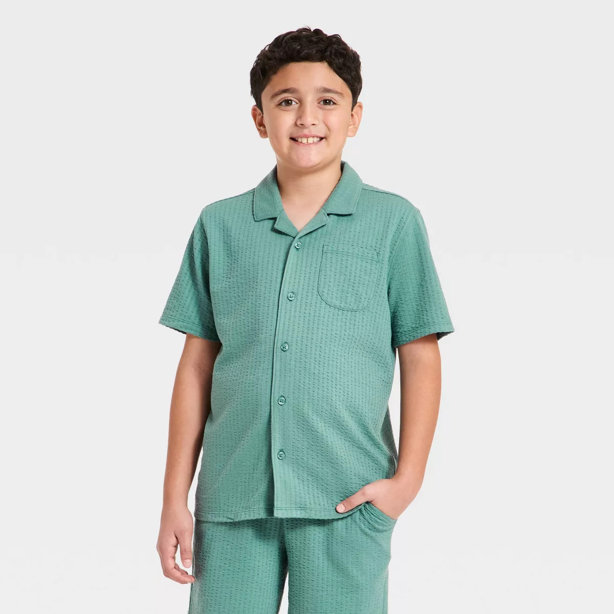 Boys' Short Sleeve Solid Seersucker Button-Up Shirt - Cat & Jack™ Turquoise Blue M | Target