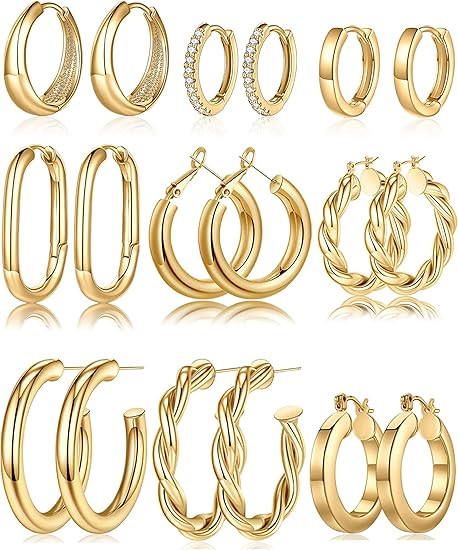925 Sterling Silver Post 14K Real Gold Plated Chunky Hoop Earrings Set for Women, Hypoallergenic ... | Amazon (US)