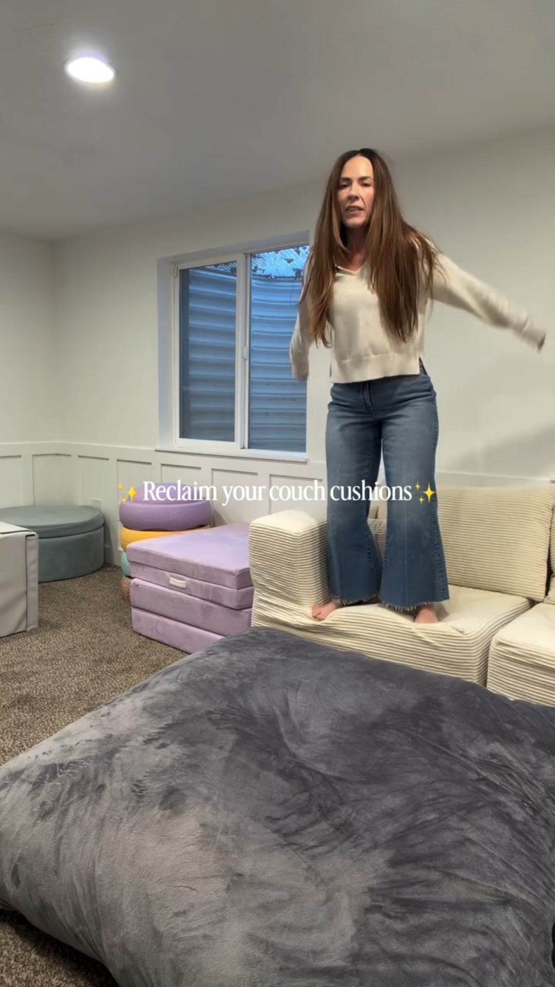 Crash clouds are weirdly hard to find in stock, but this one has been so good. We just added it to our toy room and it has a ton of cushion without breaking the bank. It’s perfect for active movement play, burning energy indoors, and not stealing couch cushions every day. ☁️This is the gray 48x48☁️