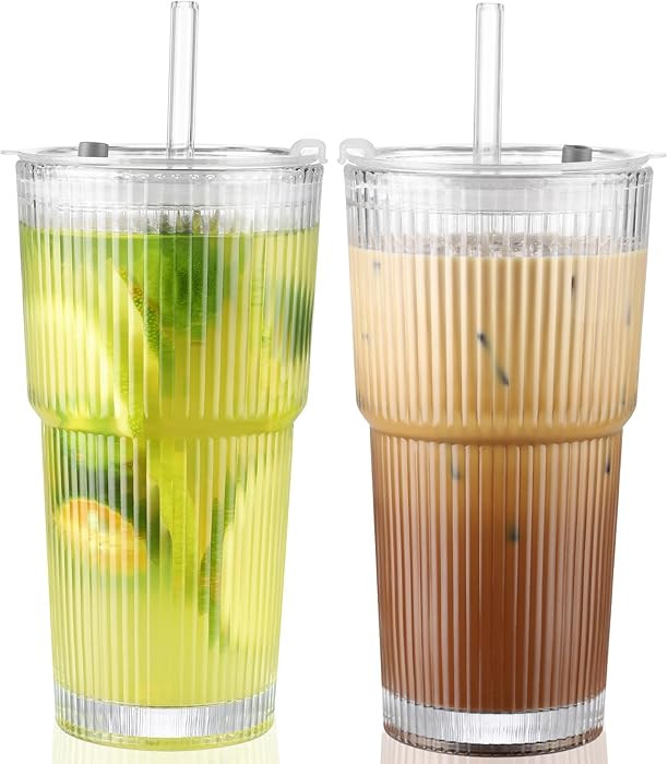 20 Oz Glass Cups with Lid and Straw 2 Set, Glass Tumbler with Straw and Lid, Vintage Glassware fo... | Amazon (US)
