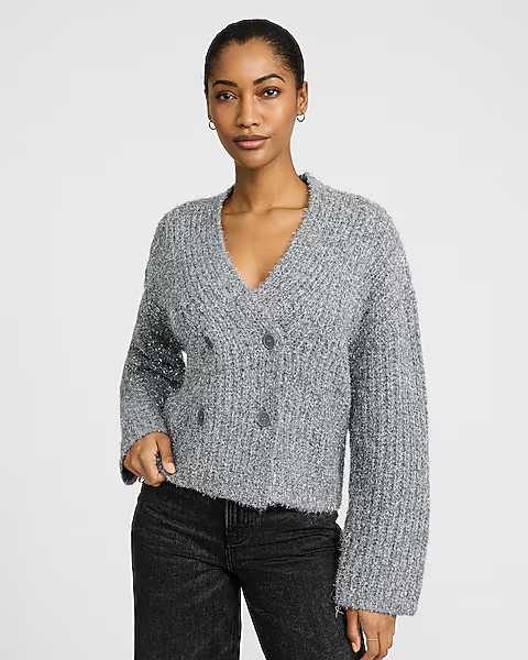 Metallic Brushed Double Breasted Cardigan | Express