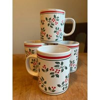Vintage Set Of Four Christmas Holly White Mugs With Green & Red Holly. Includes Coasters Or Warming Lid. Stoneware. Mug | Etsy (US)