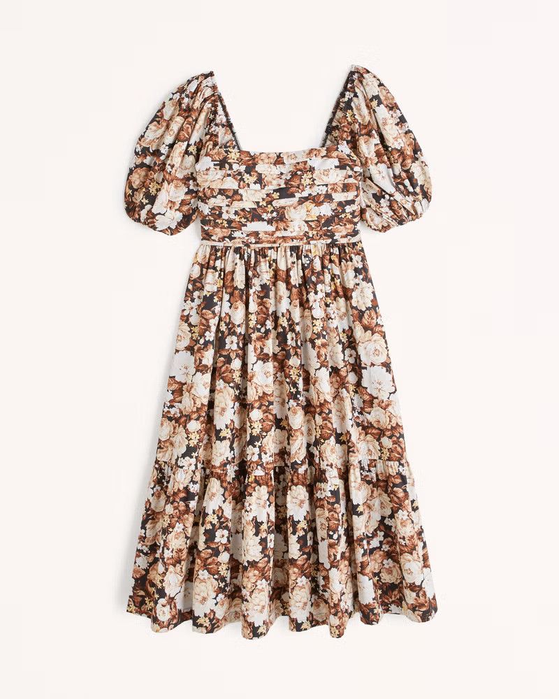 Ruched Puff Sleeve Poplin Midi Dress | Abercrombie & Fitch (US)