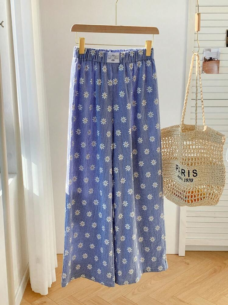Comfortcana Casual Daisy Floral Check Printed Wide Leg Pants | SHEIN