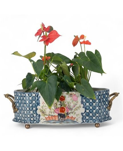 GARDEN TRELLIS FLORAL PORCELAIN PLANTER/CACHEPOT WITH BRONZE ORMOLU-21.5''L | eBay US