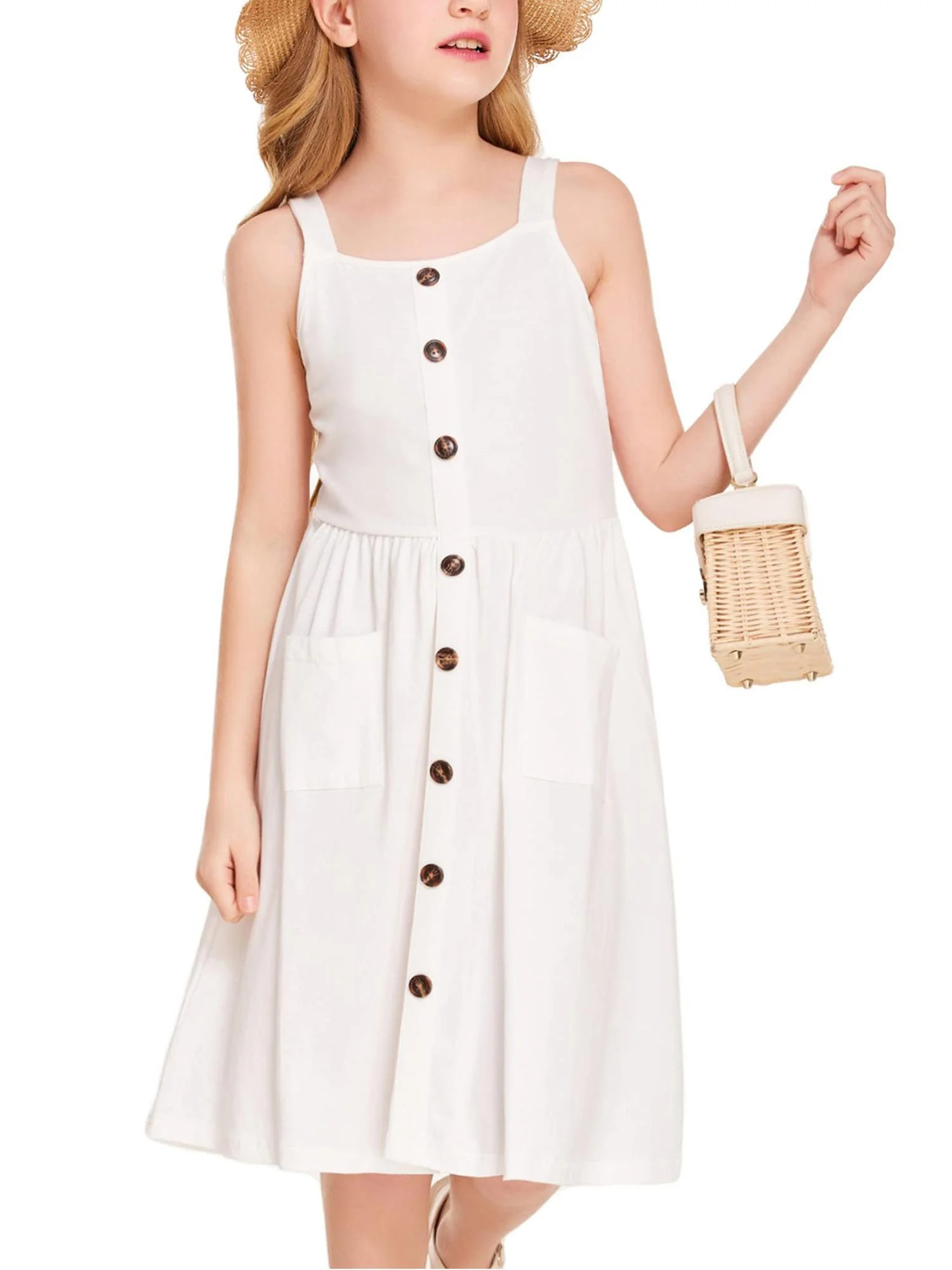 Arshiner Girl's Sleeveless Dress Spaghetti Strap Casual Sundress A-Line Twirly Skater with Pocket... | Walmart (US)